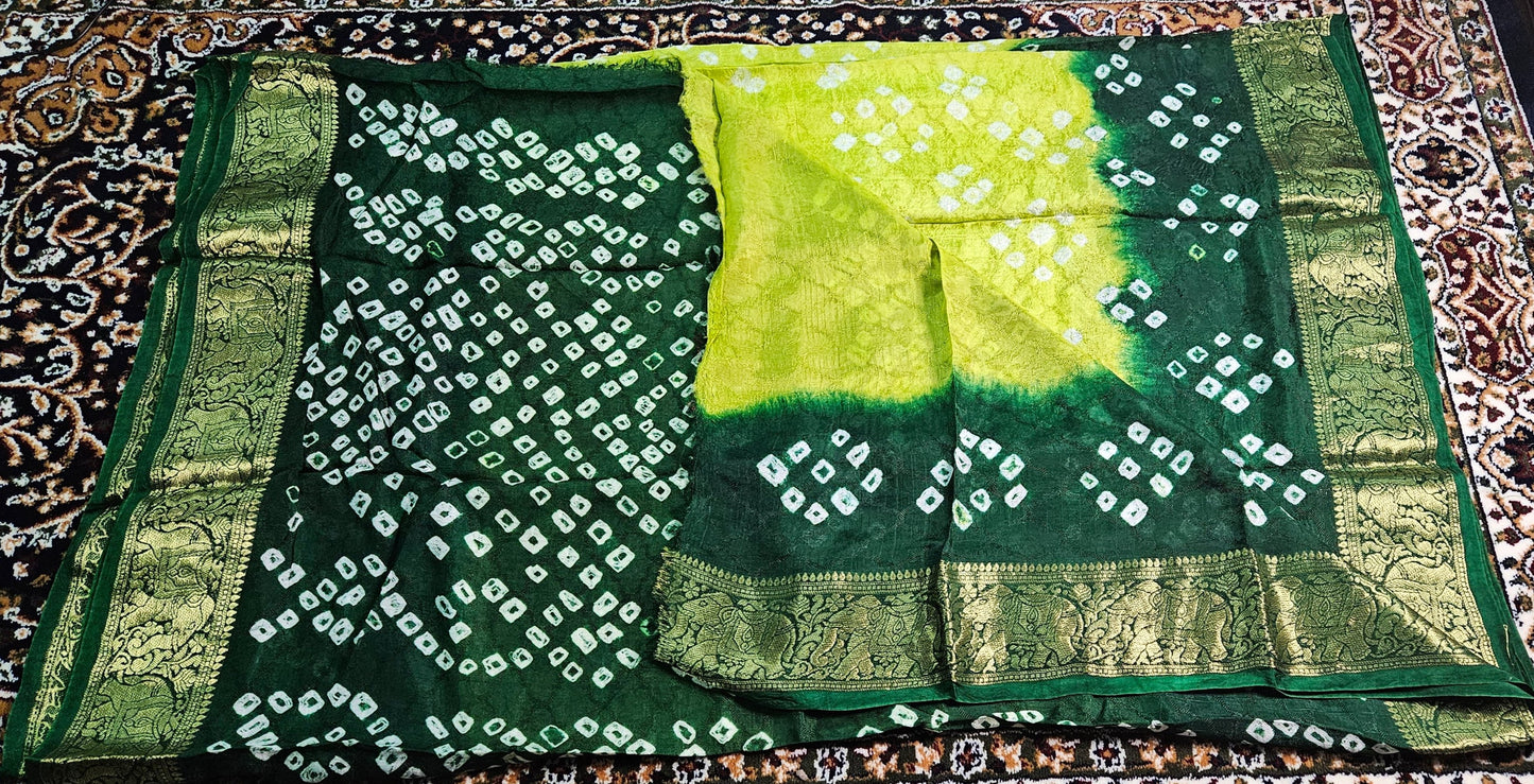 Art Silk Bandhej Saree with Heavy Zari Border and Blouse Piece