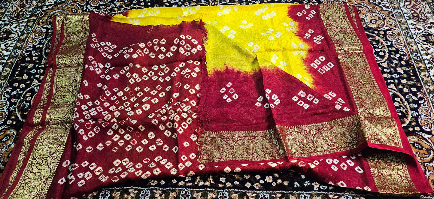 Art Silk Bandhej Saree with Heavy Zari Border and Blouse Piece