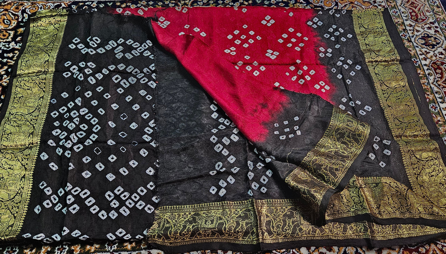 Art Silk Bandhej Saree with Heavy Zari Border and Blouse Piece