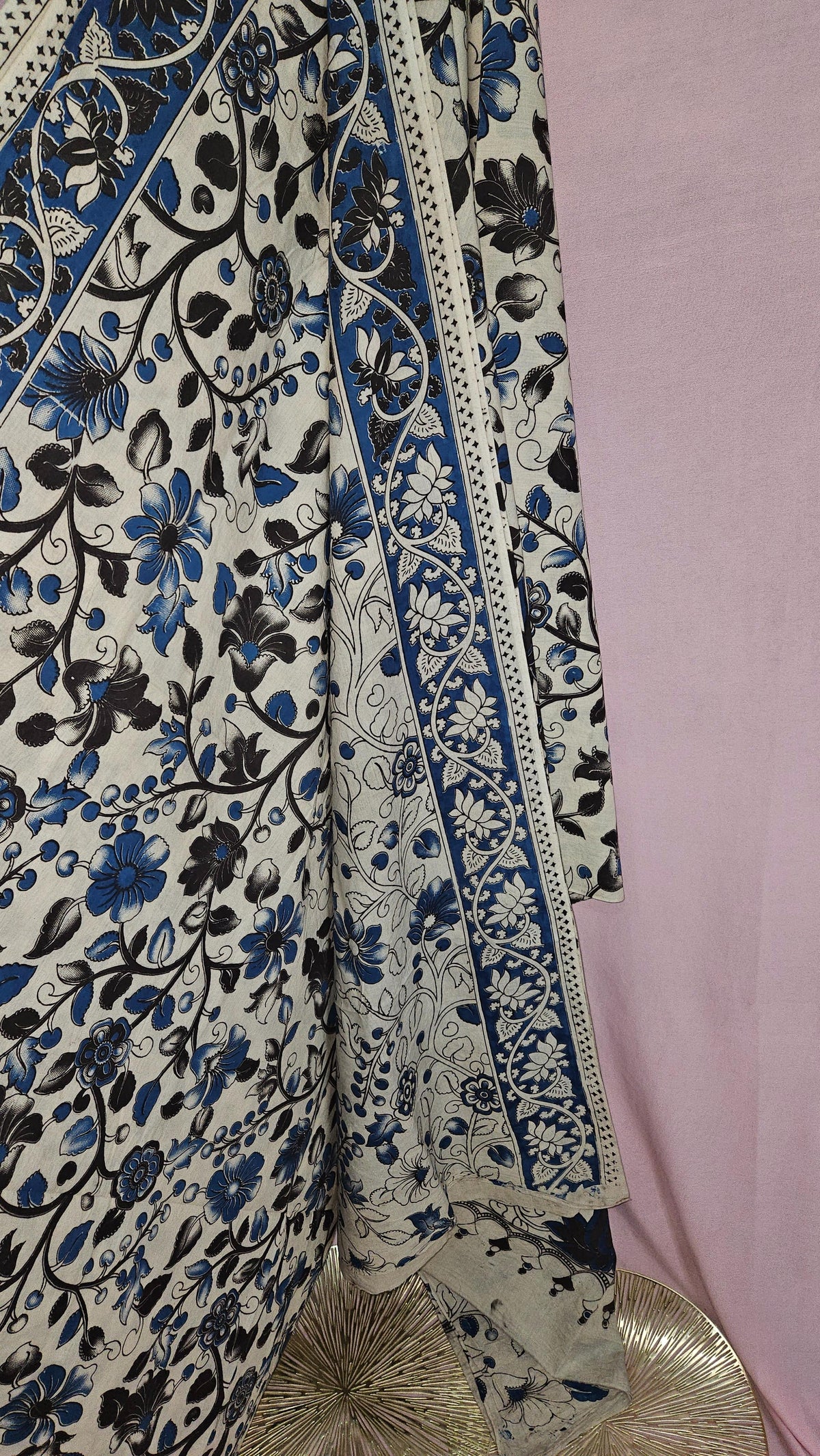 Ivory Blue Kalamkari Floral Cotton Saree