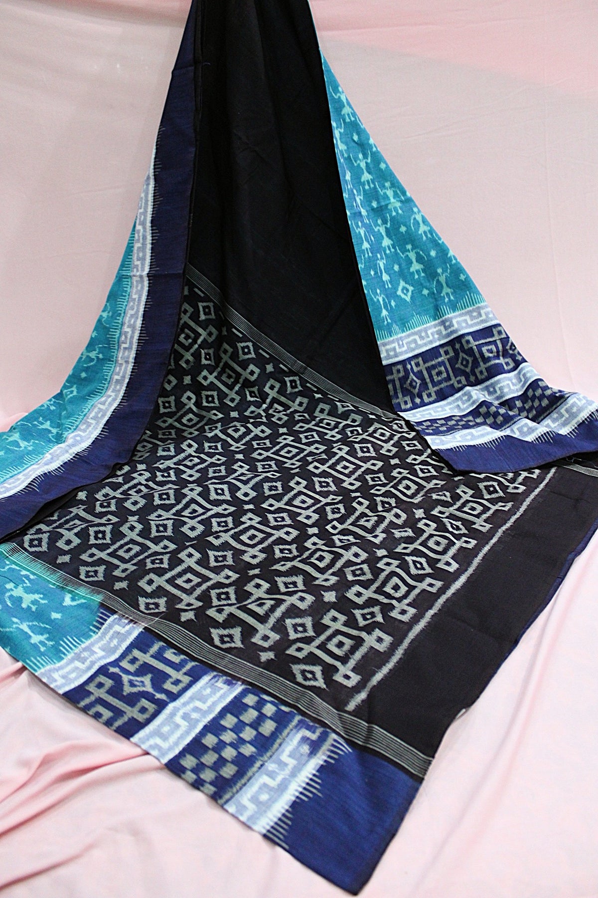 Black, Turquoise Blue & Navy Sambalpuri Bandha Ikat Saree