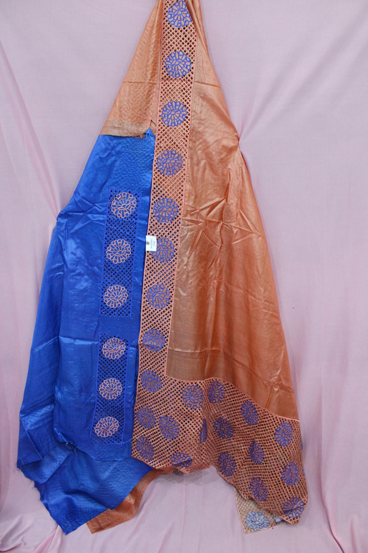 Peach & Royal Blue Tussar Handloom Silk Saree