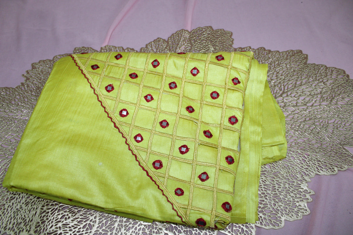 Lime Yellow Handloom Saree- Geometric Cutwork & Mirror Work