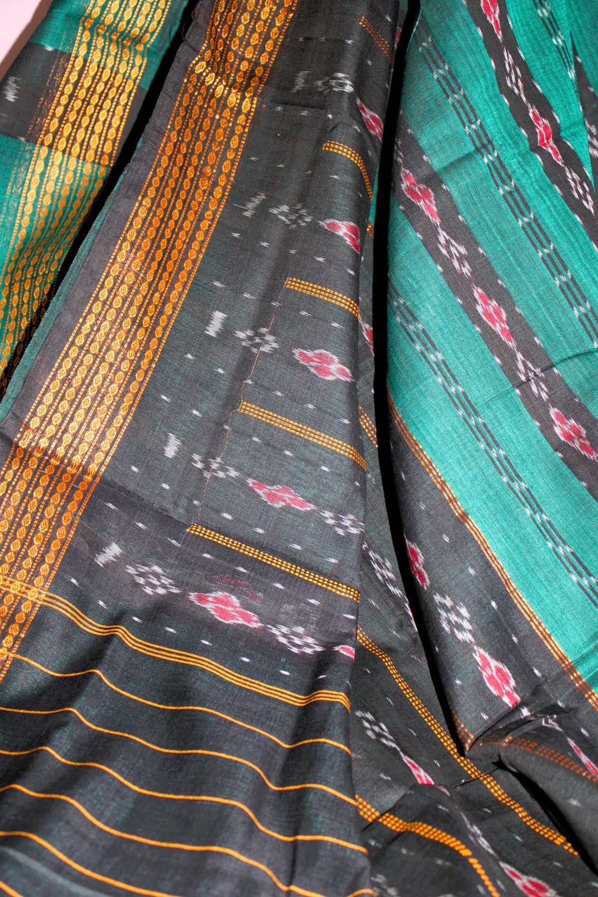 Teal Green & Black Sambalpuri Bandha Saree
