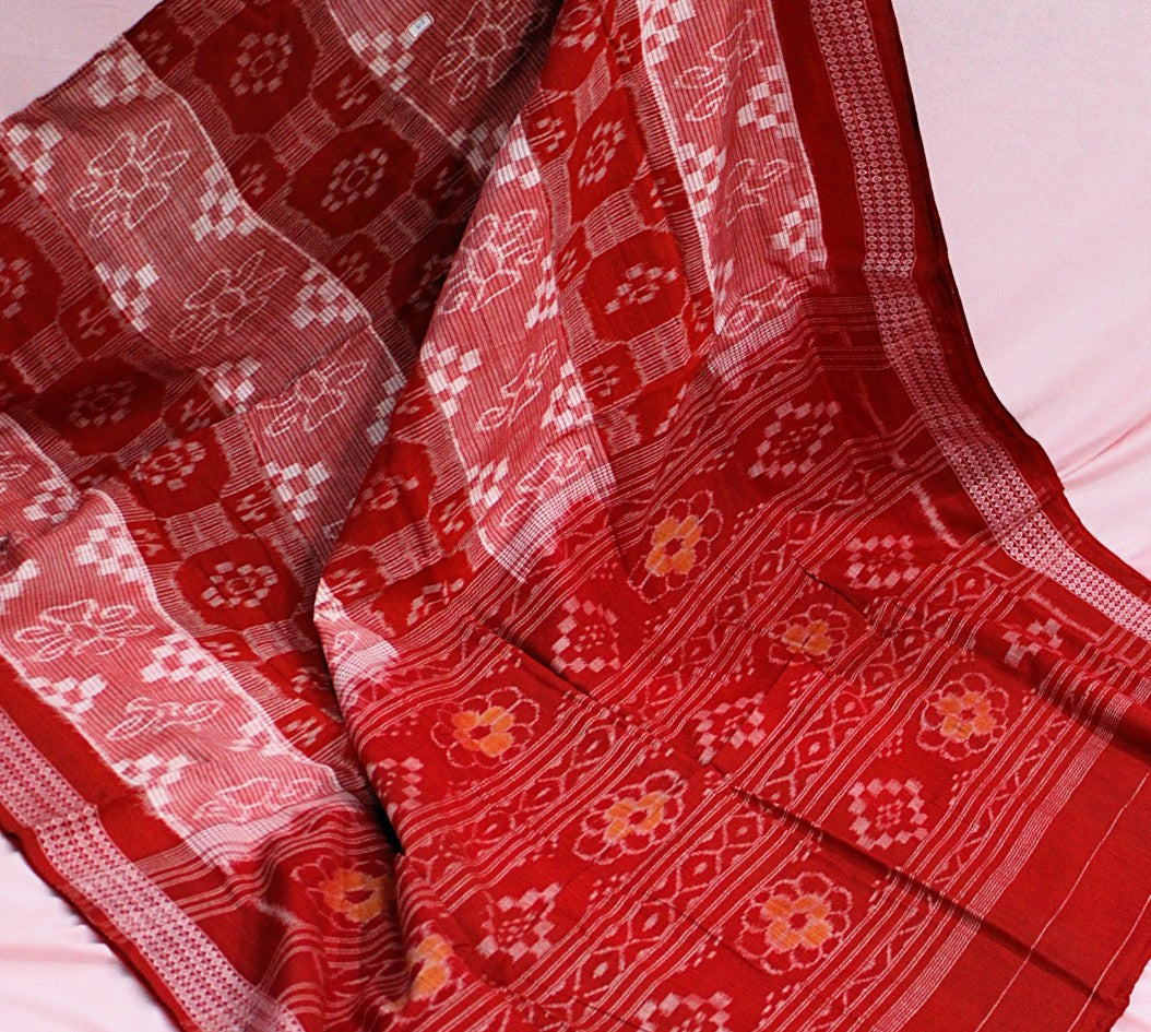 Traditional Red Sambalpuri Bandha Ikat Cotton Saree