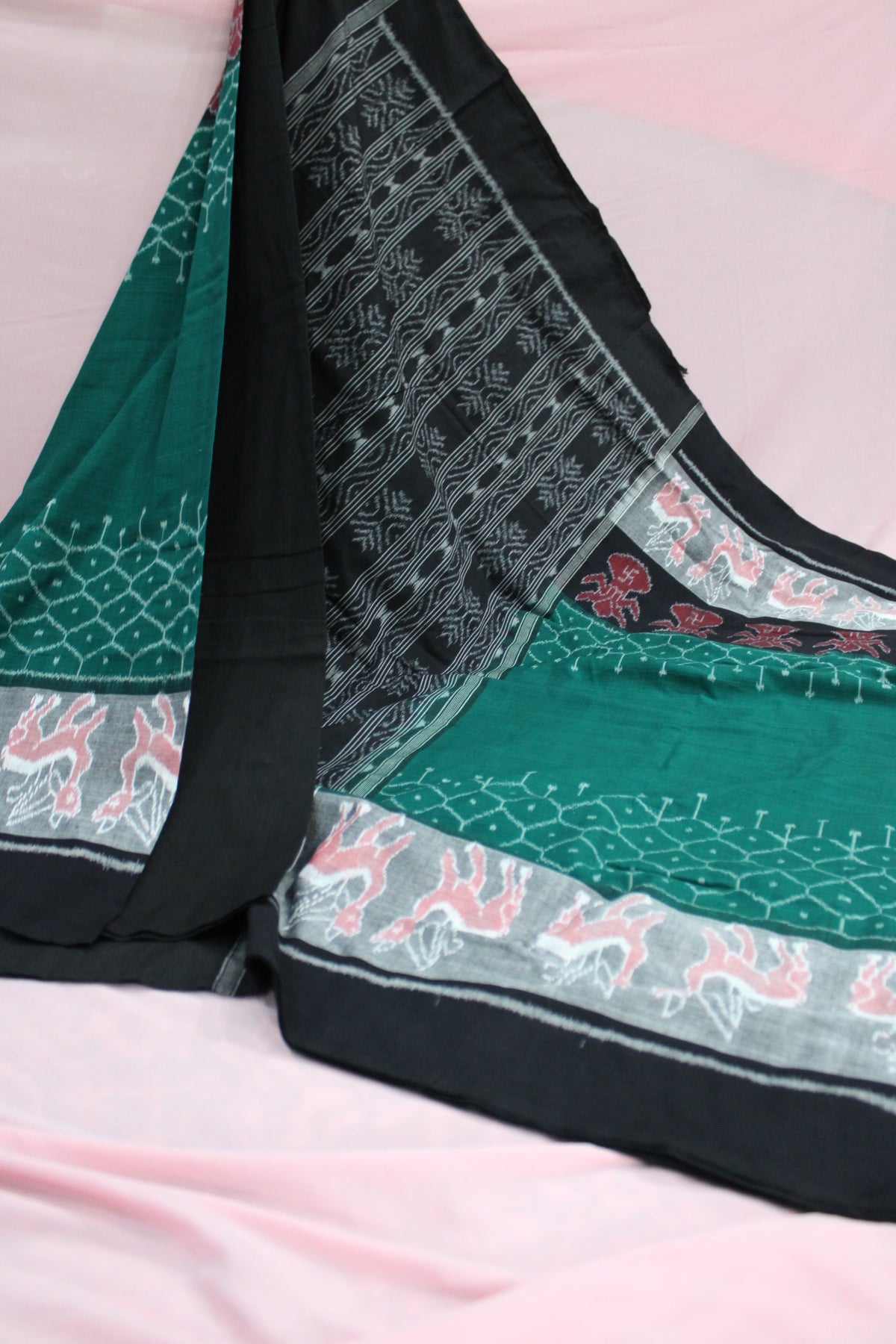 Black and Teal Green Sambalpuri Bandha Ikat Saree