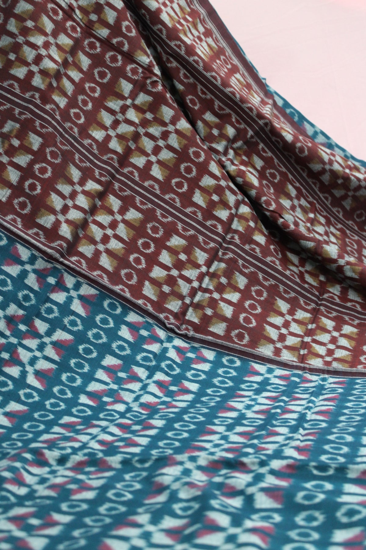 Teal Blue & Maroon Sambalpuri Bandha Ikat Cotton Saree