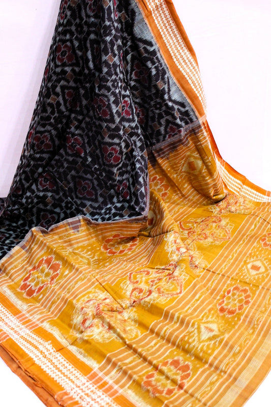 Black & Mustard Orange Floral Bandha Saree