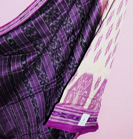 Ivory White & Purple Sambalpuri Bandha Ikat Saree