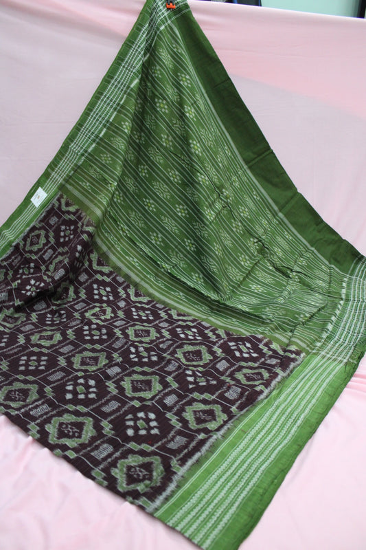 Olive Green & Wine Purple Sambalpuri Bandha Ikat Saree