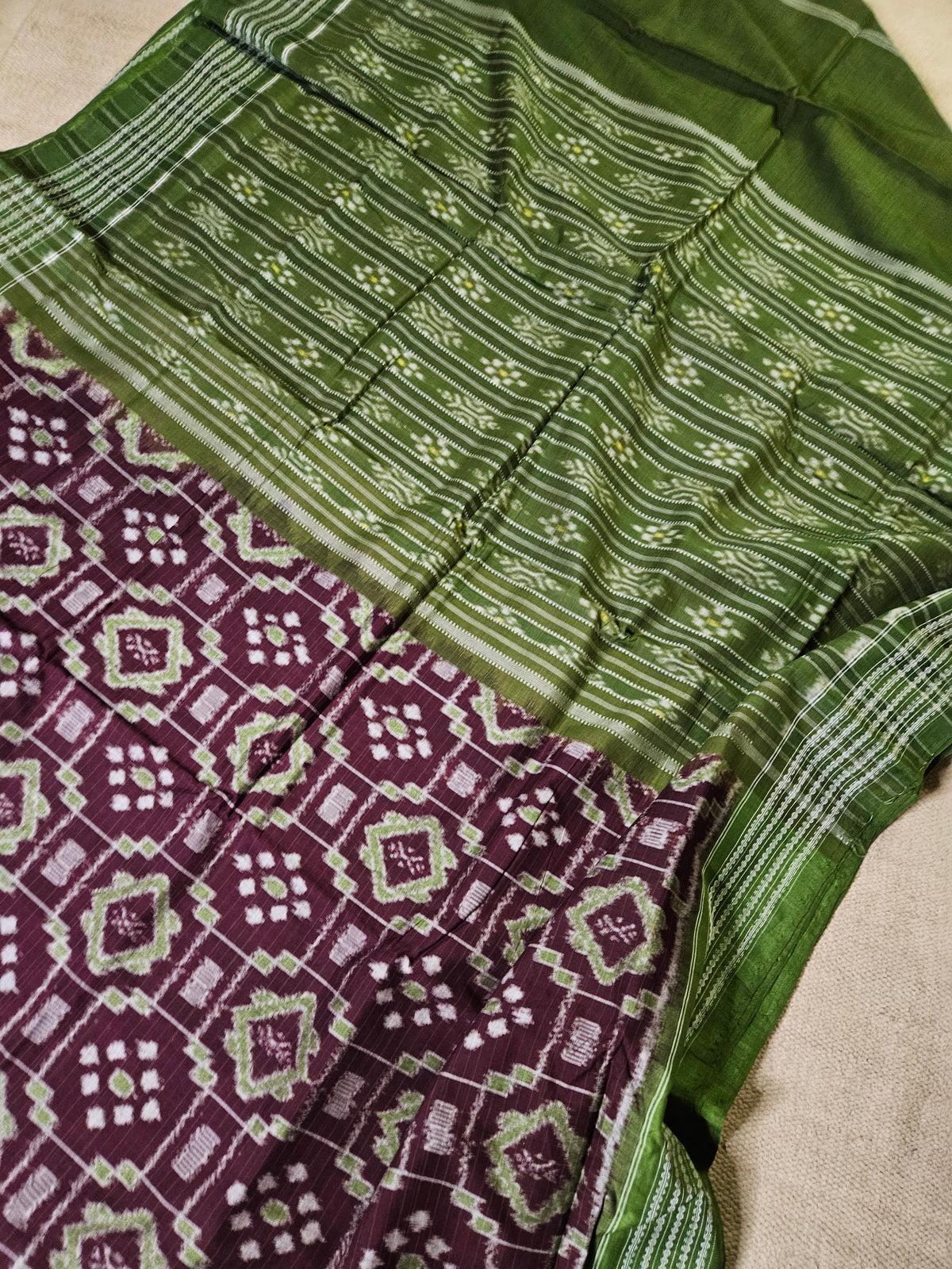 Olive Green & Wine Purple Sambalpuri Bandha Ikat Saree