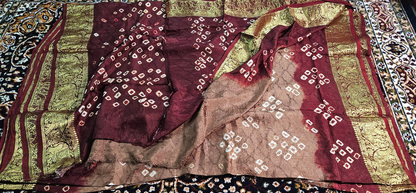 Art Silk Bandhej Saree with Heavy Zari Border and Blouse Piece