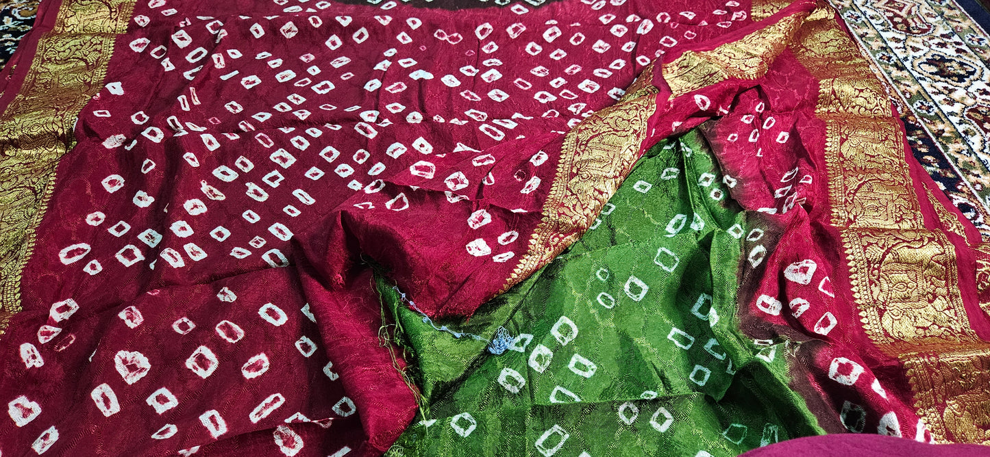 Art Silk Bandhej Saree with Heavy Zari Border and Blouse Piece