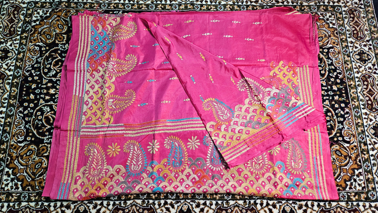 Bangalore Silk with Intricate Kantha (Katha) Motifs Stitch