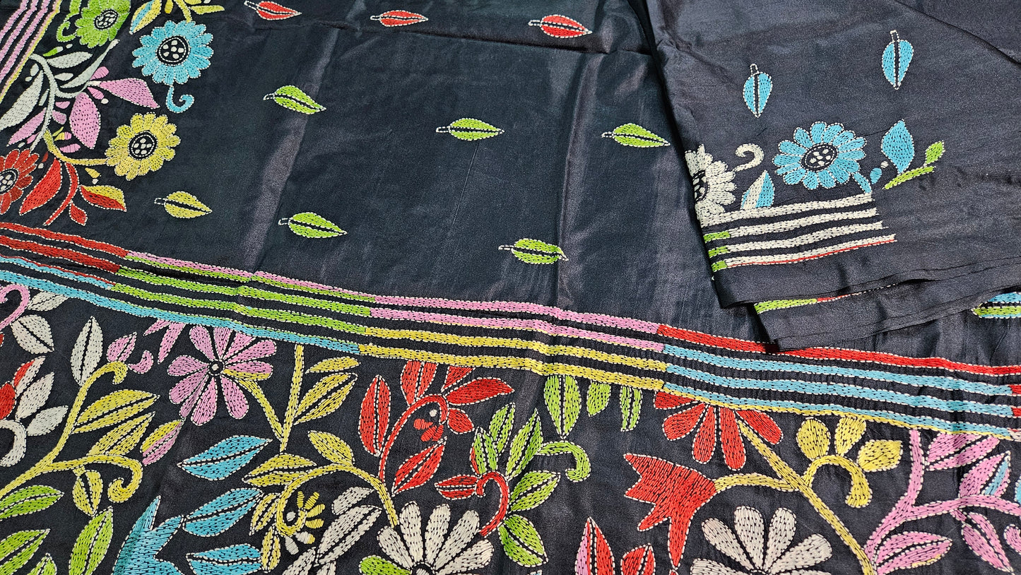 Bangalore Silk with Intricate Kantha (Katha) Motifs Stitch