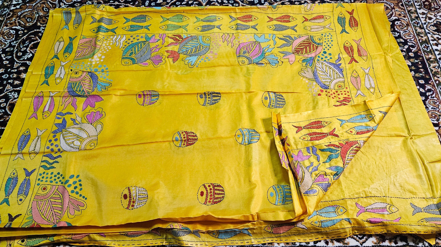 Bangalore Silk with Intricate Kantha (Katha) Motifs Stitch