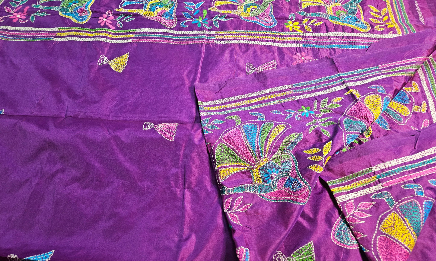 Bangalore Silk with Intricate Kantha (Katha) Motifs Stitch