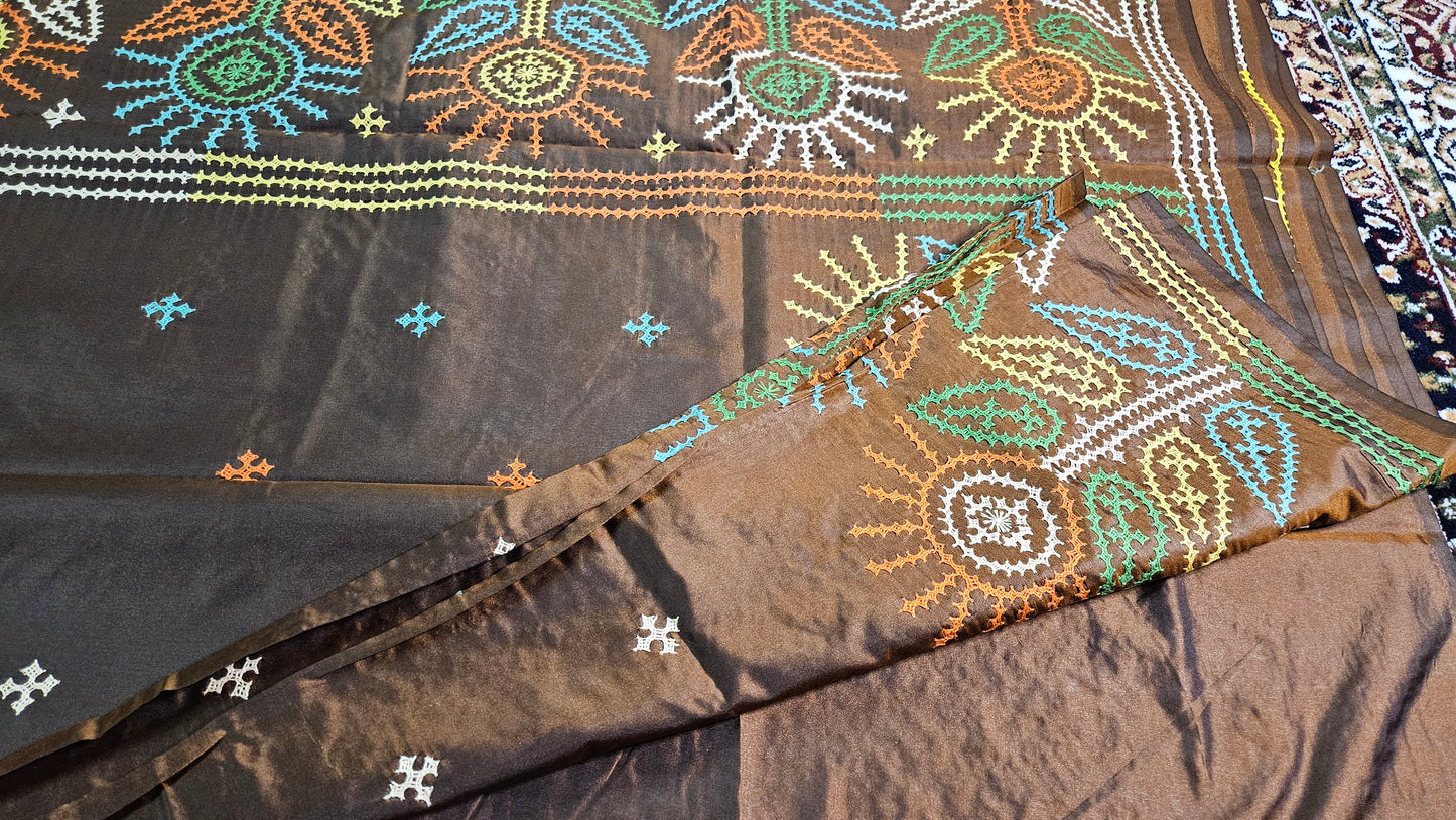 Bangalore Silk with Intricate Kantha (Katha) Motifs Stitch