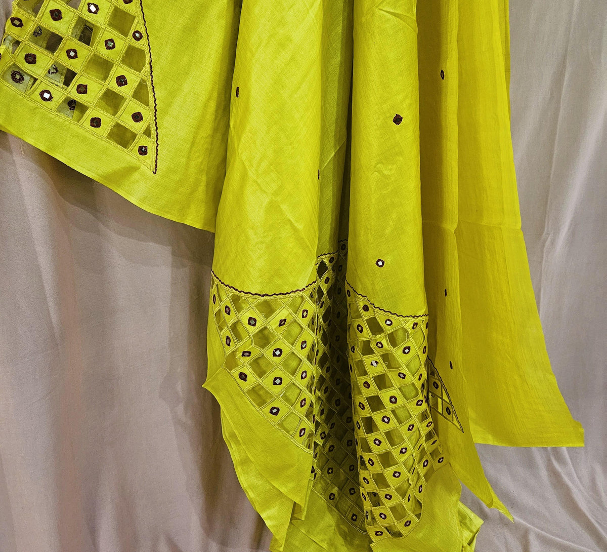 Lime Yellow Handloom Saree- Geometric Cutwork & Mirror Work