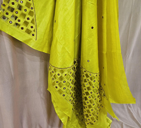 Lime Yellow Handloom Saree- Geometric Cutwork & Mirror Work