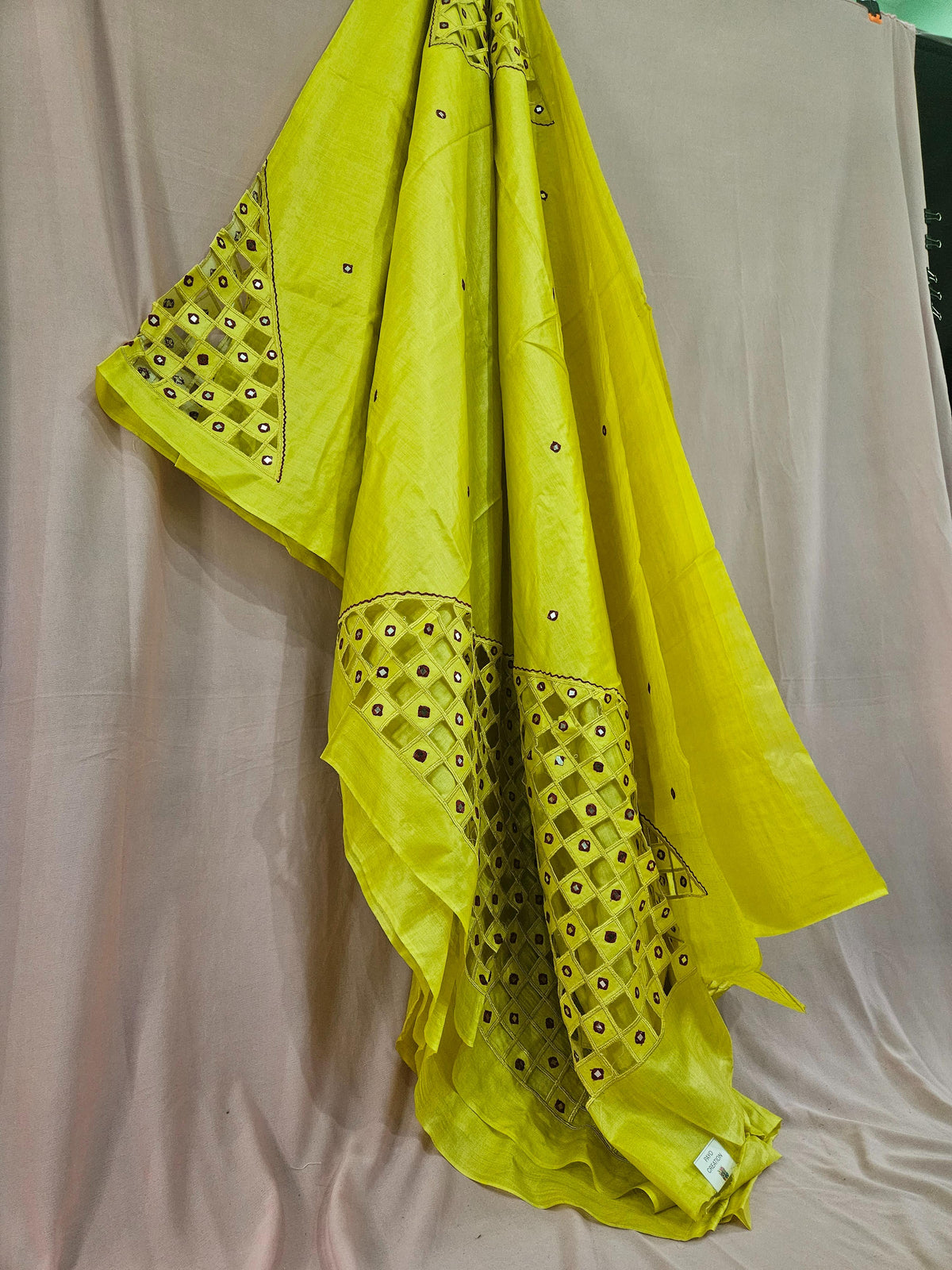 Lime Yellow Handloom Saree- Geometric Cutwork & Mirror Work
