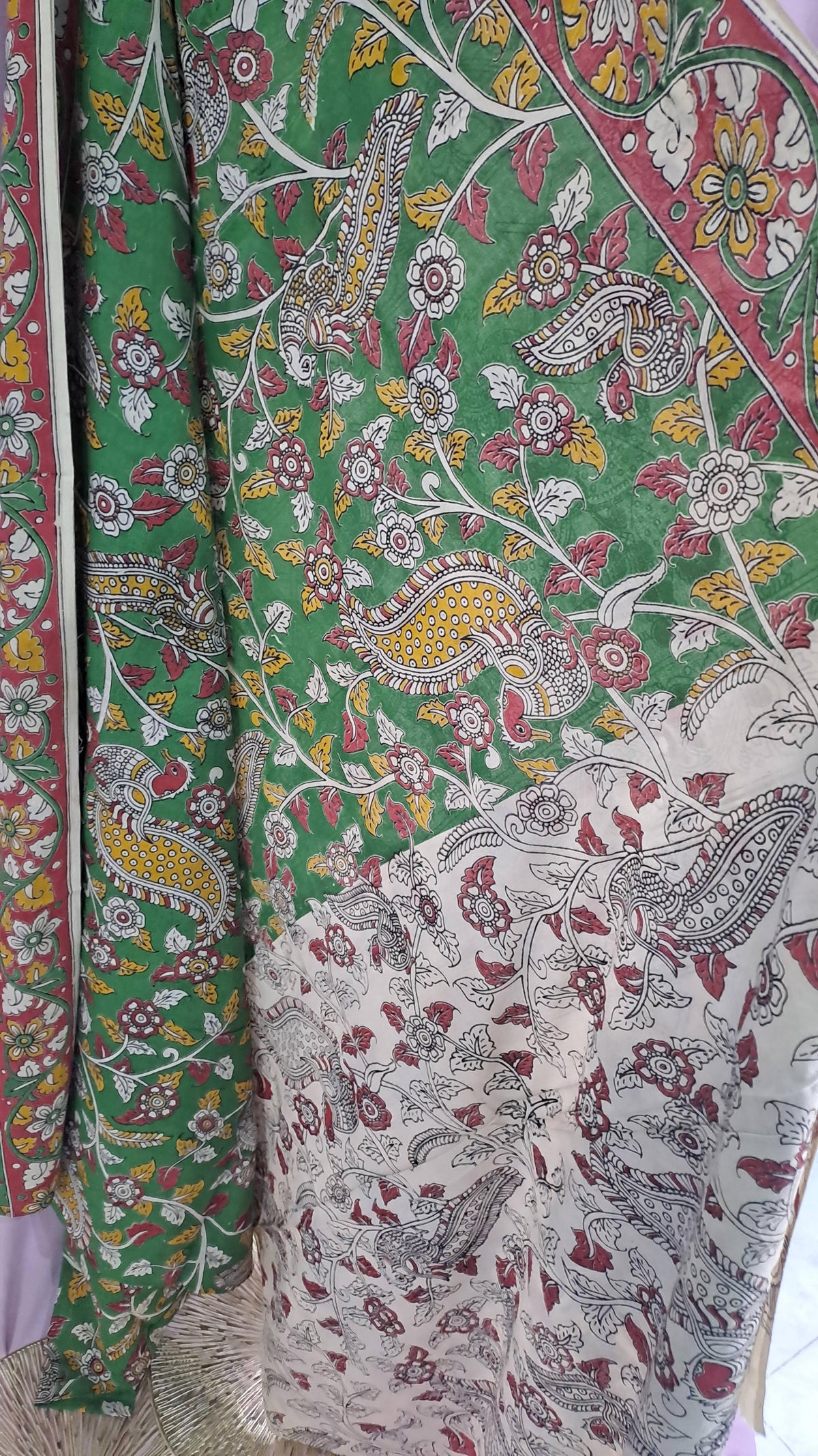 Kalamkari Bird & Floral Print Cotton Saree