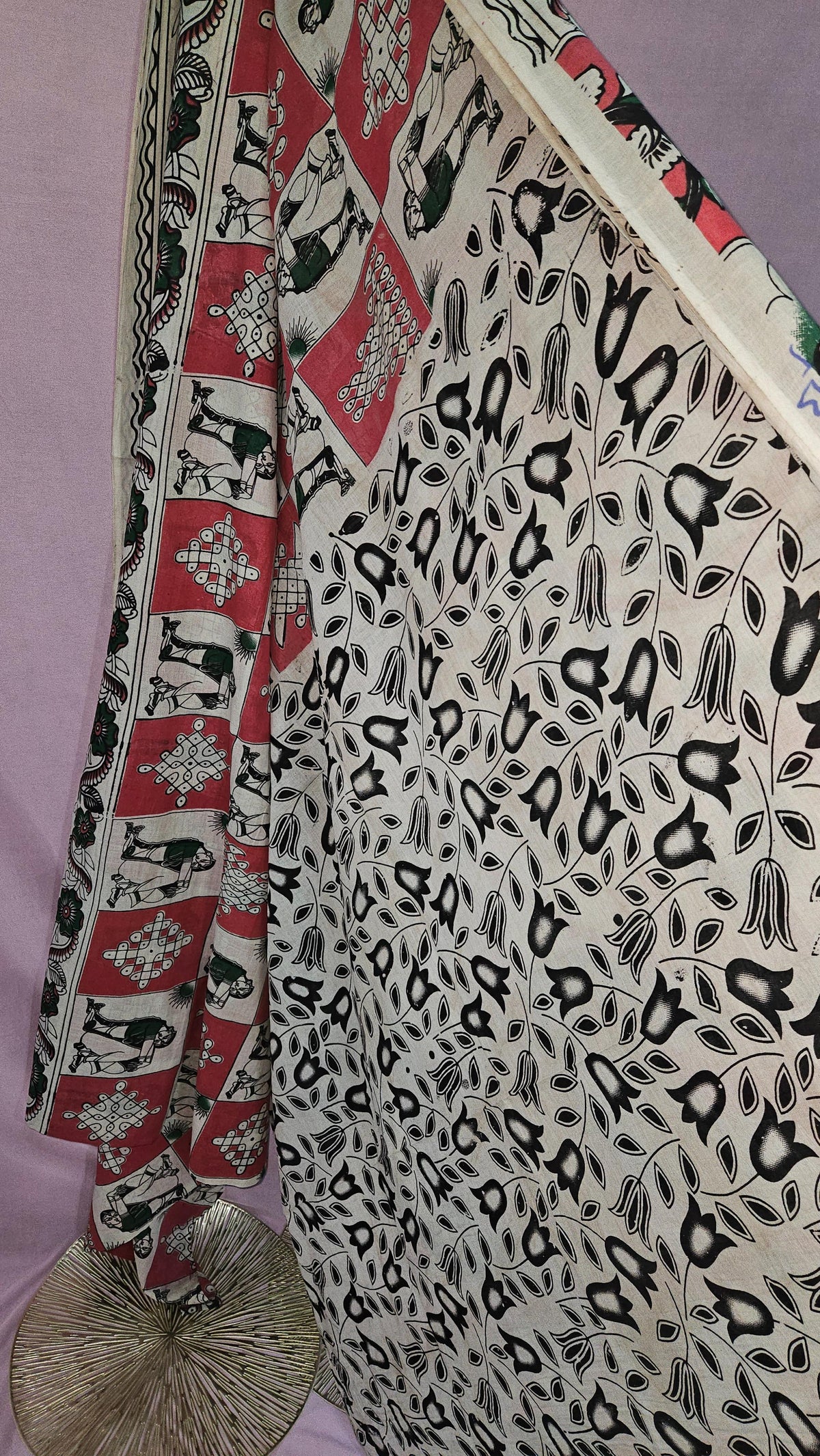 Ivory & Black Kalamkari Floral Cotton Saree