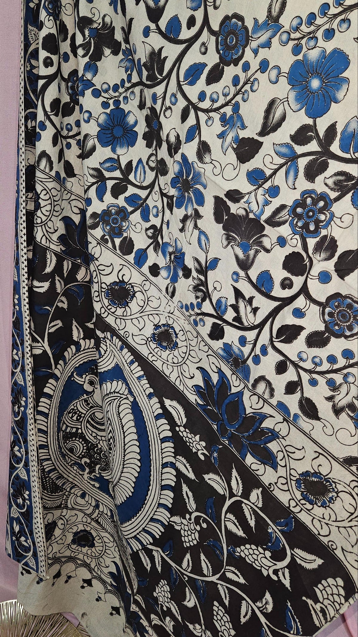 Ivory Blue Kalamkari Floral Cotton Saree
