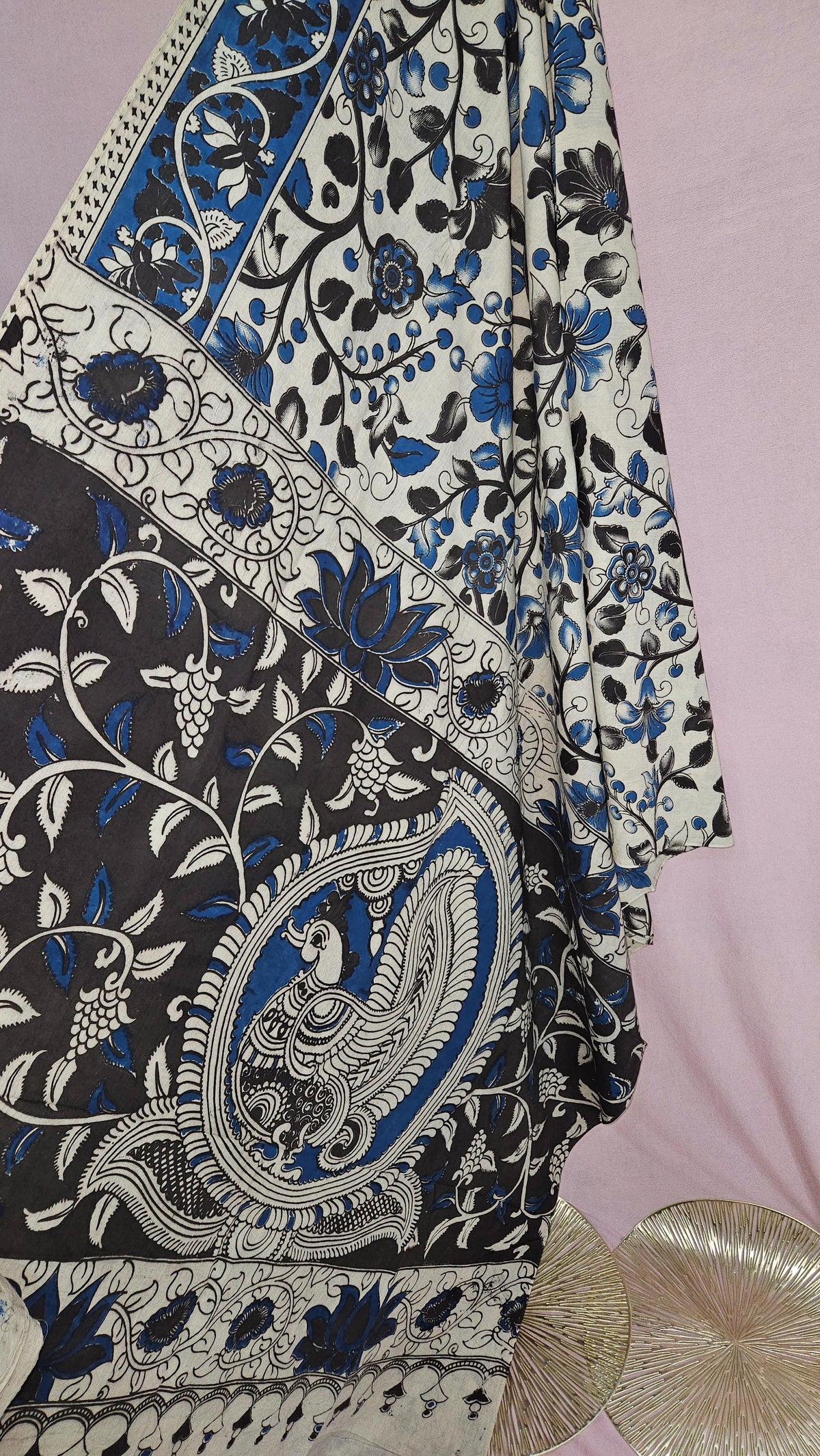 Ivory Blue Kalamkari Floral Cotton Saree