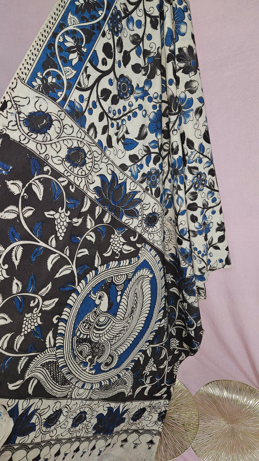 Ivory Blue Kalamkari Floral Cotton Saree