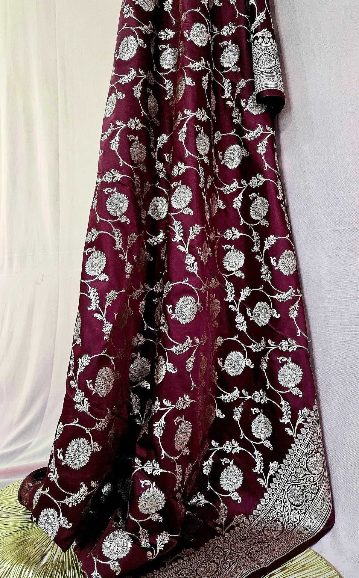 Wine Mashru Satin Banarasi Saree – Floral Jaal Work