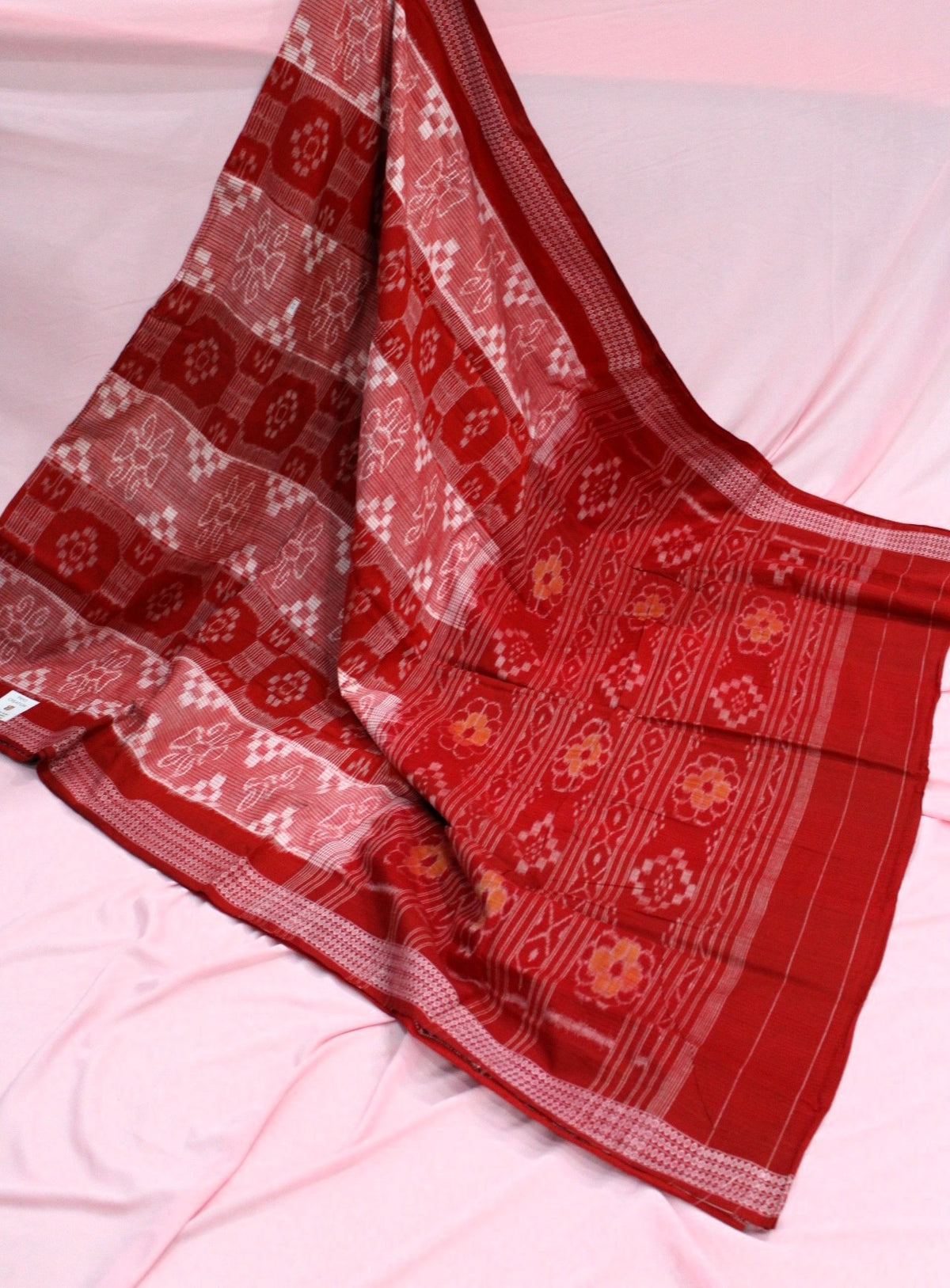 Traditional Red Sambalpuri Bandha Ikat Cotton Saree