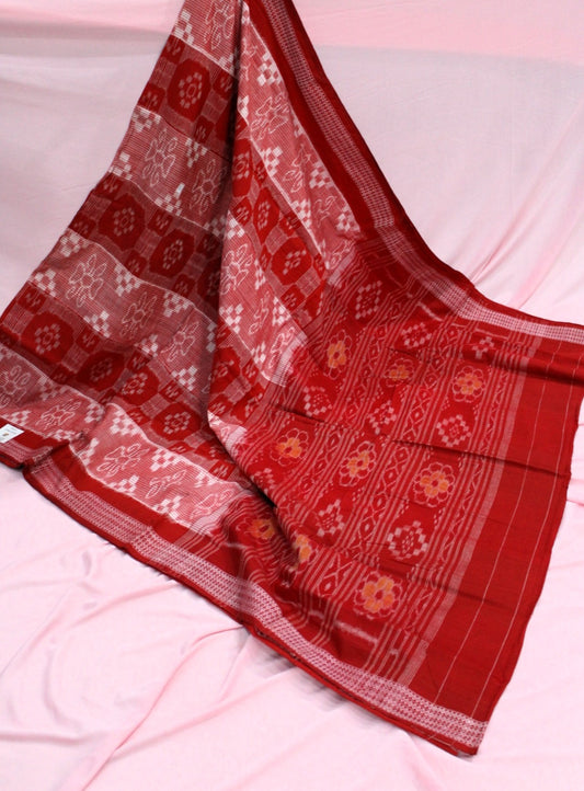 Traditional Red Sambalpuri Bandha Ikat Cotton Saree