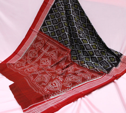 Dark Brown and Red Sambalpuri Bandha Ikat Saree