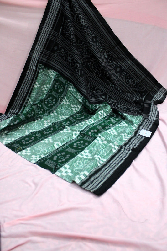 Black and Green Sambalpuri Bandha Ikat Cotton Saree