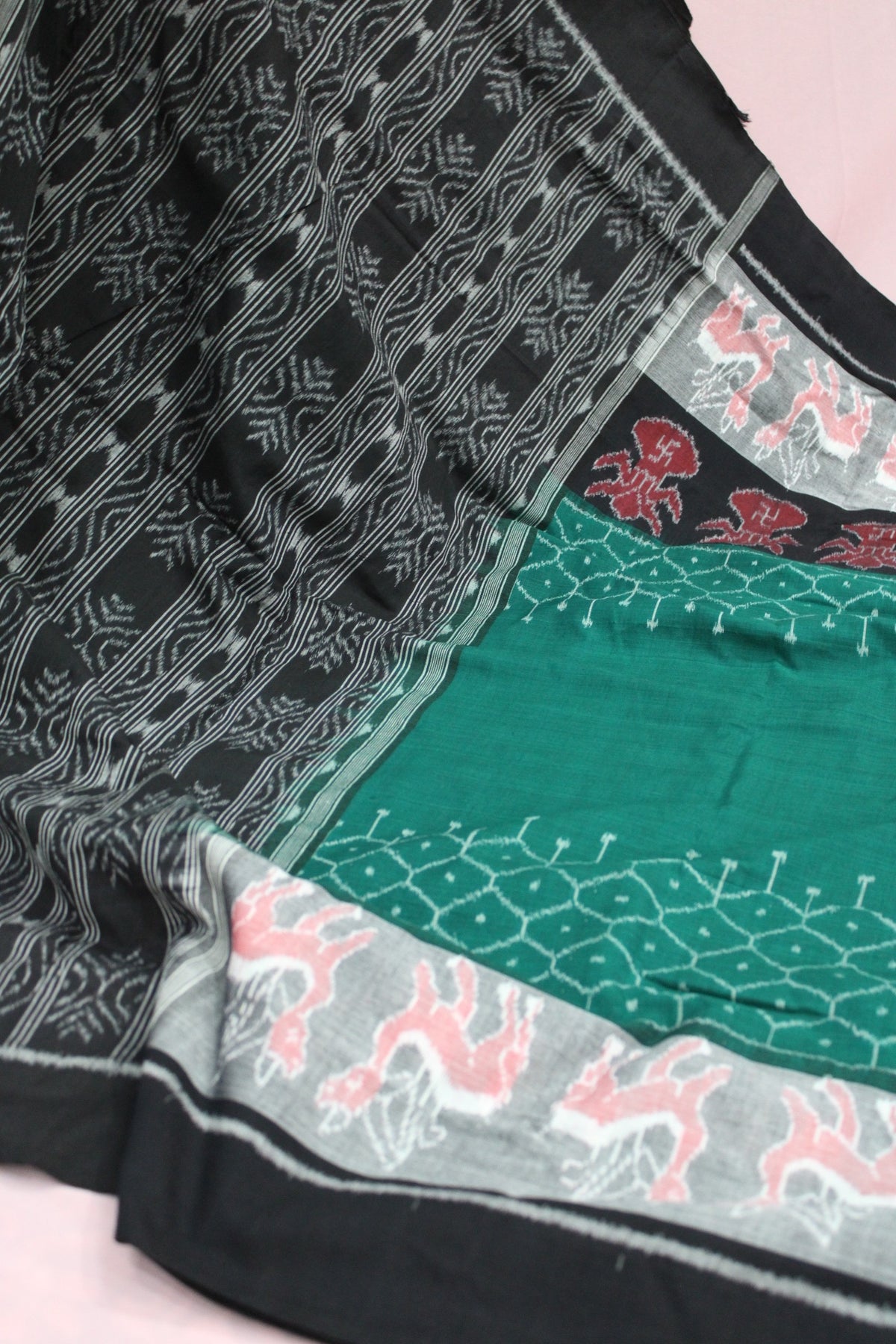 Black and Teal Green Sambalpuri Bandha Ikat Saree