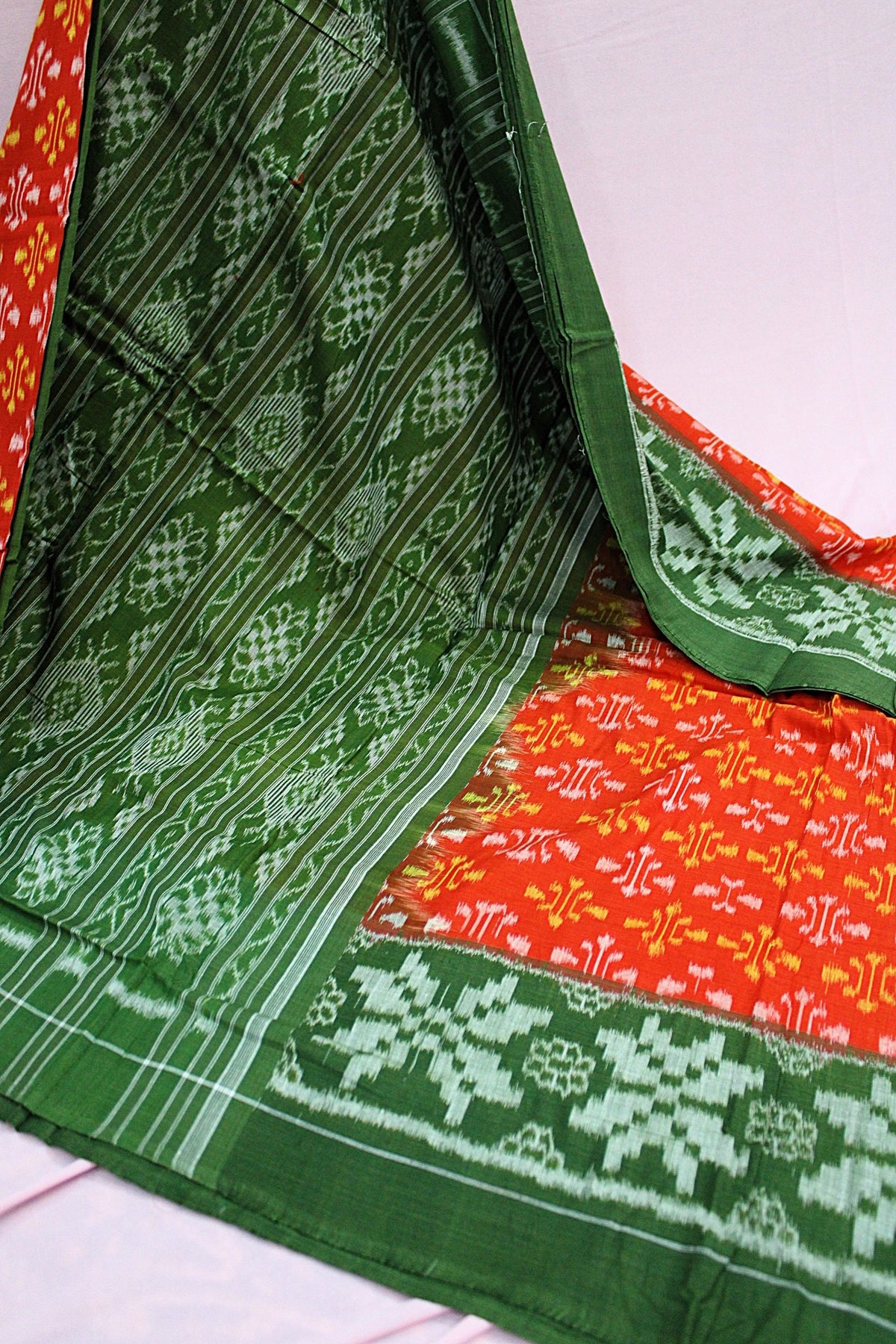 Green & Vermilion Red Sambalpuri Bandha Ikat Cotton Saree