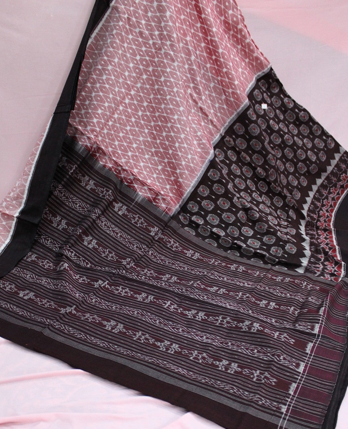 Dusty Rose & Deep Maroon Sambalpuri Bandha Ikat Cotton Saree
