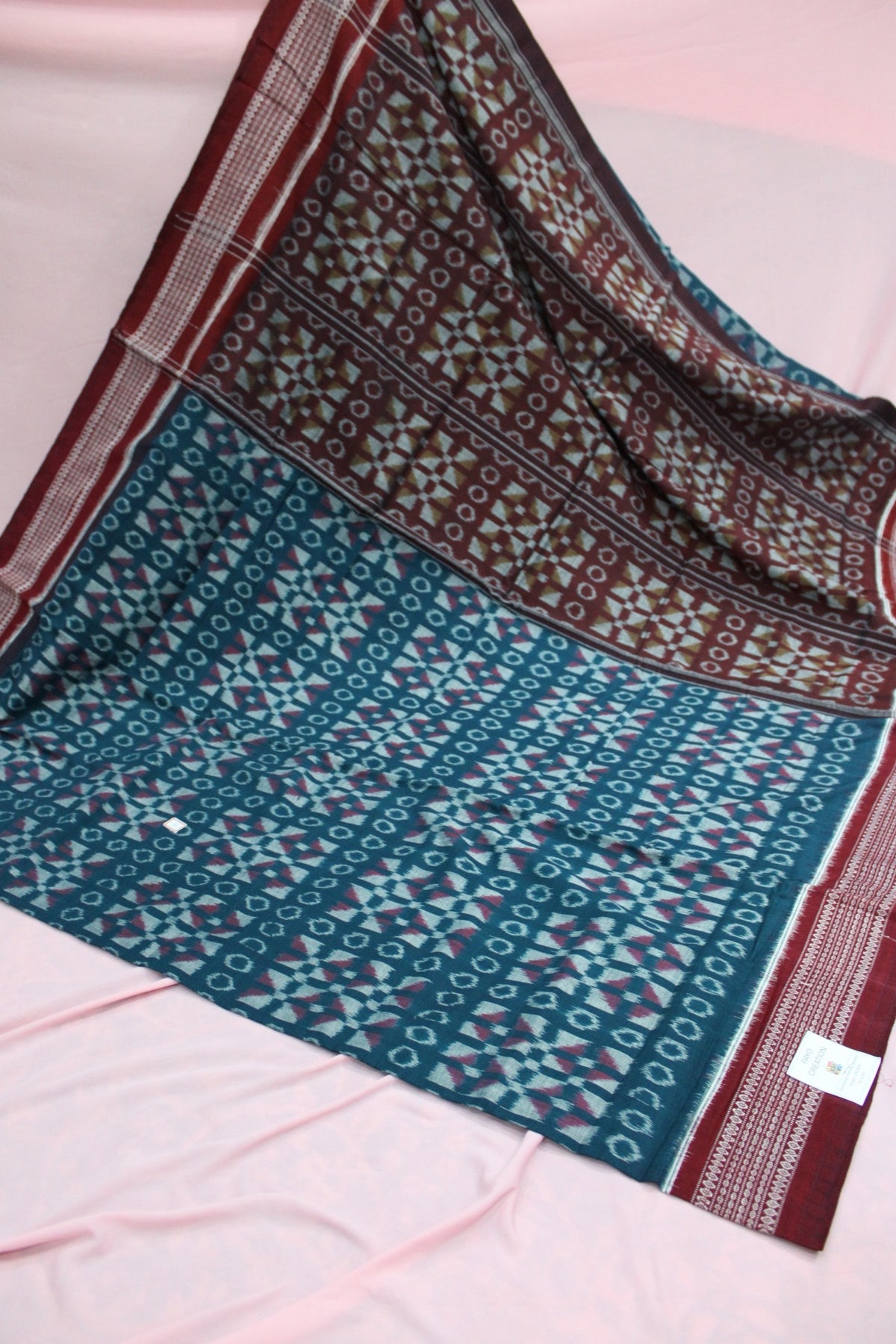 Teal Blue & Maroon Sambalpuri Bandha Ikat Cotton Saree