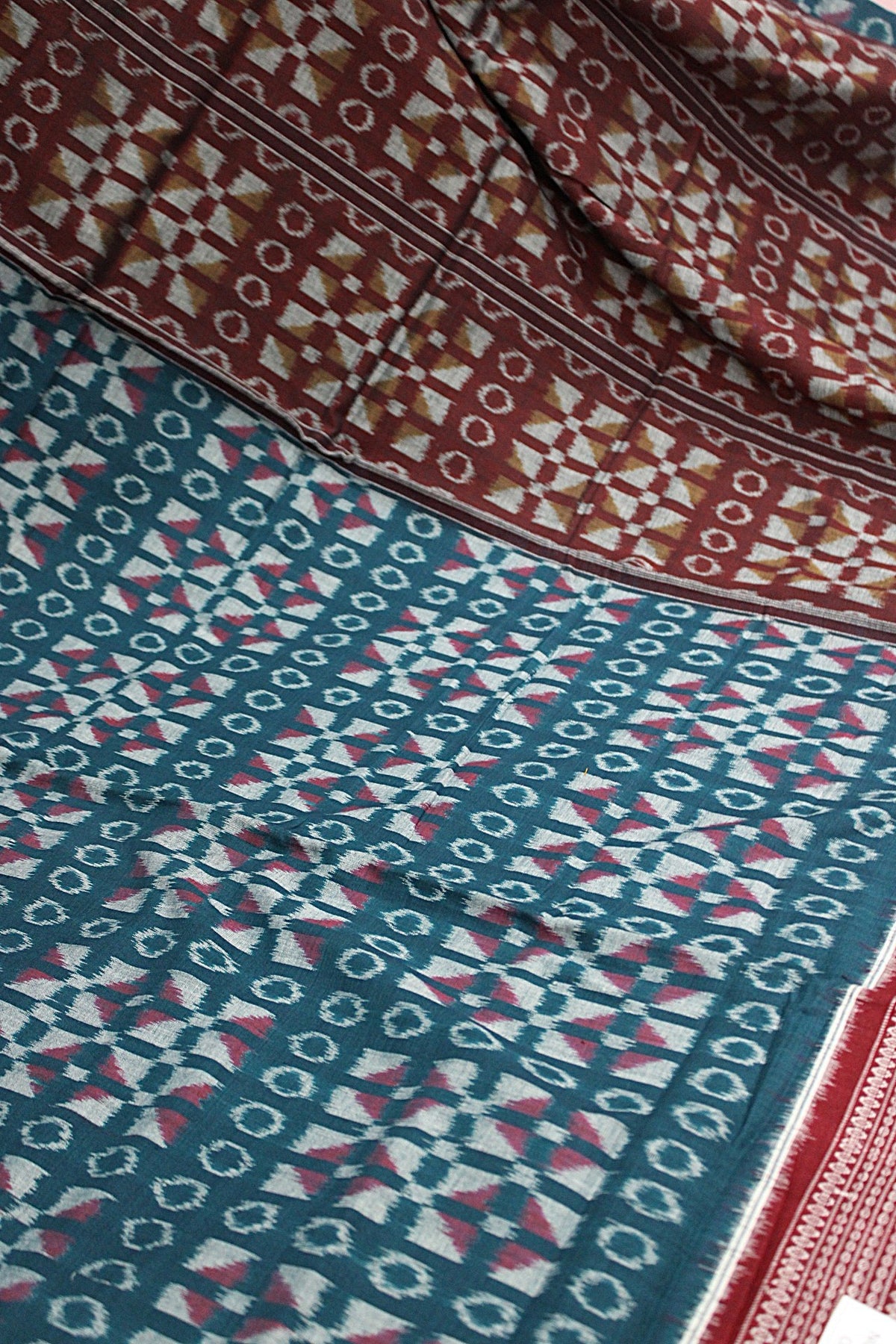 Teal Blue & Maroon Sambalpuri Bandha Ikat Cotton Saree