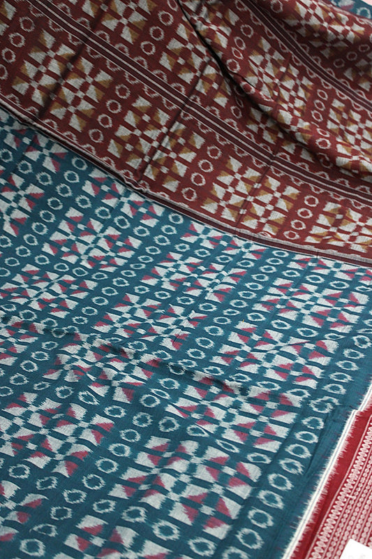 Teal Blue & Maroon Sambalpuri Bandha Ikat Cotton Saree