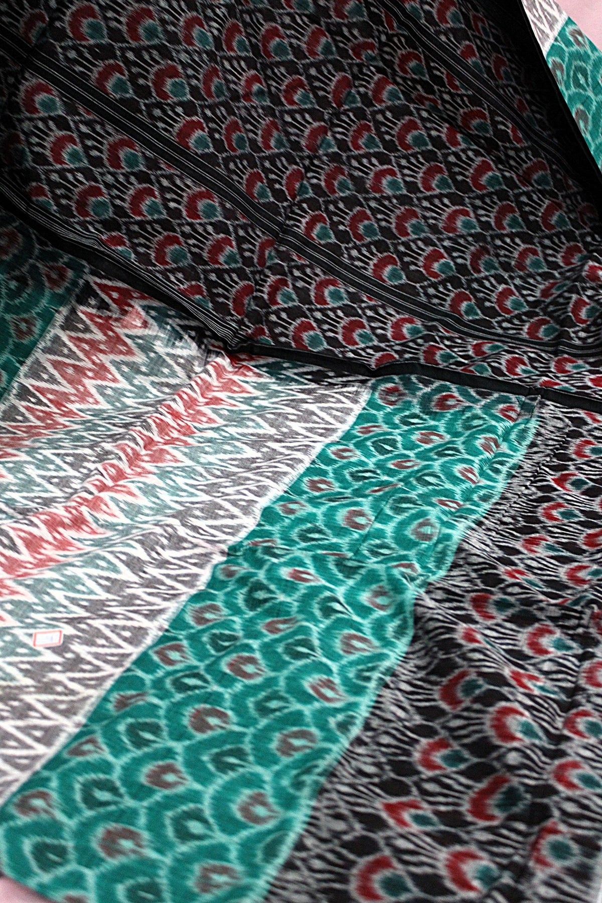 Black, Teal Green & Maroon Sambalpuri Bandha Ikat Cotton Saree