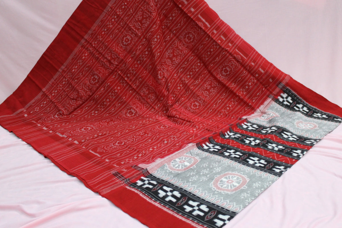 Red Sambalpuri Bandha Ikat Cotton Saree