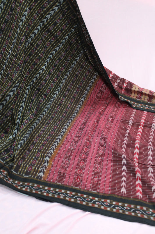Black & Maroon Sambalpuri Bandha Ikat Cotton Saree