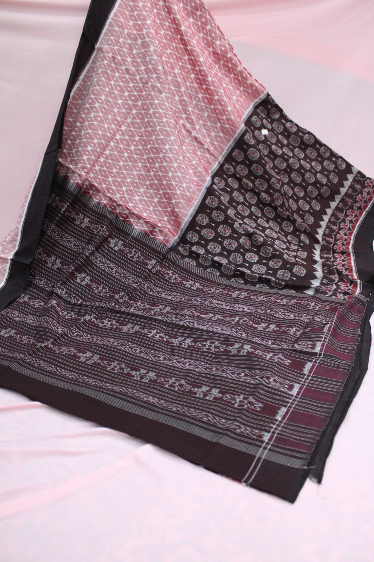 Dusty Rose & Deep Maroon Sambalpuri Bandha Ikat Cotton Saree