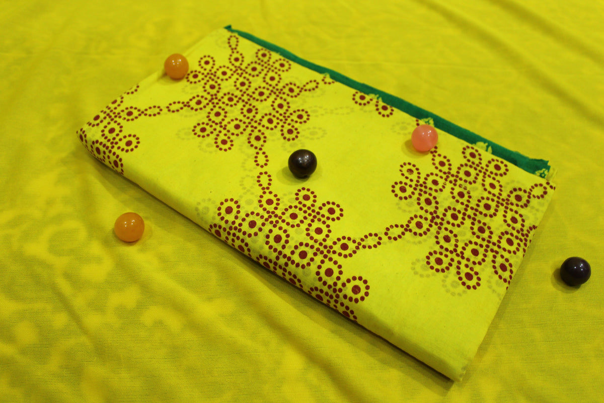 Yellow Sungudi Cotton Saree with Green Floral Contrast Border