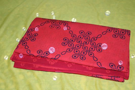 Red Sungudi Cotton Saree with Navy Blue Dotted Floral Motifs
