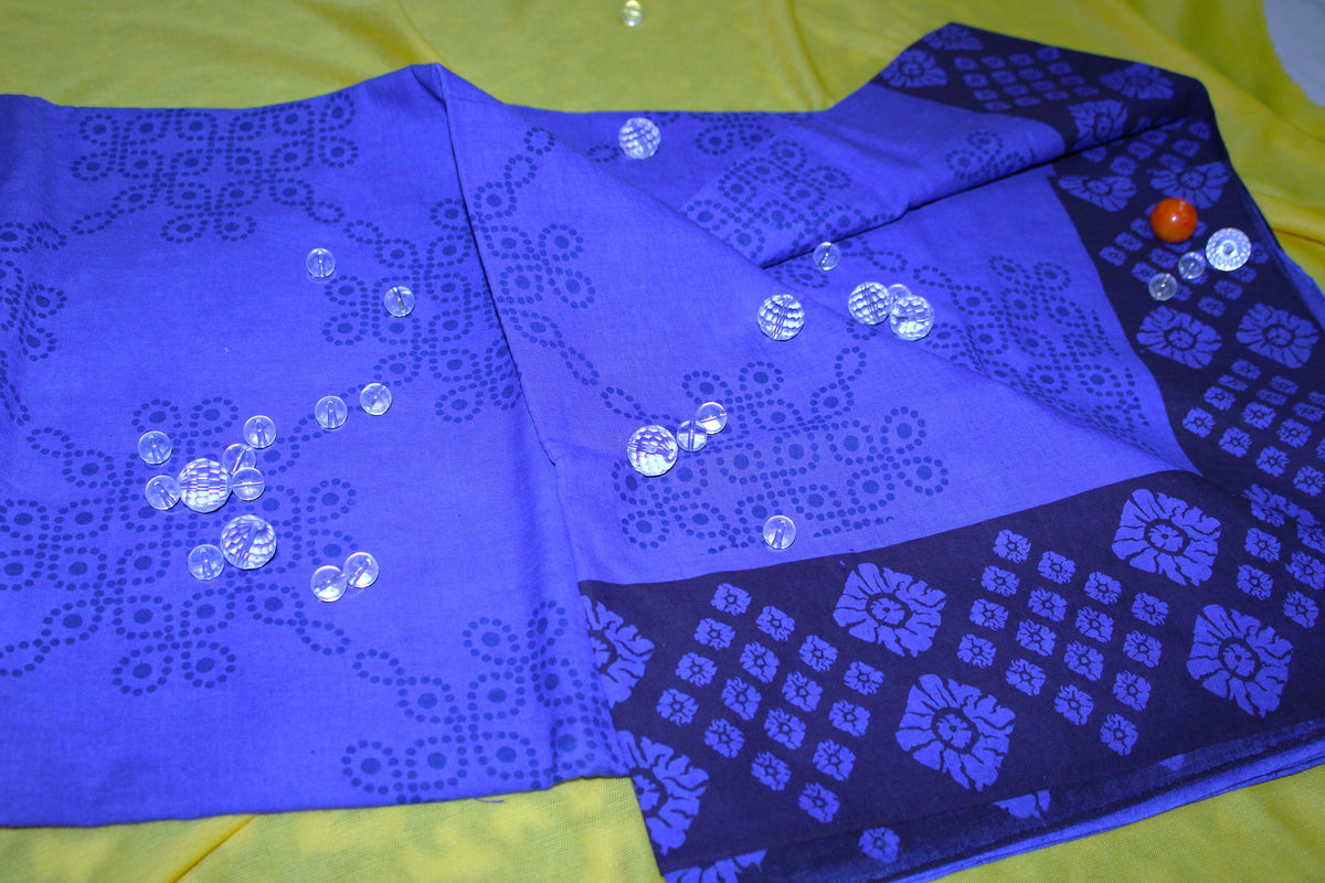 Royal Blue Sungudi Cotton Saree with Navy Blue Floral Border