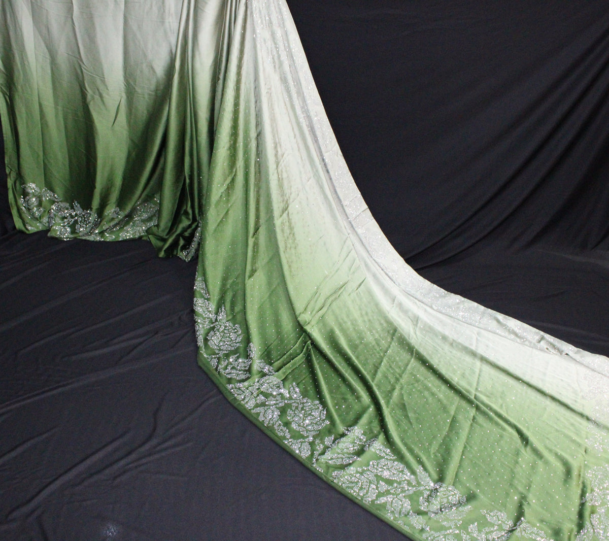 Olive Green and Ivory Ombre Saree with Silver Floral Embellishments