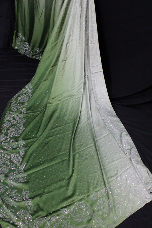 Olive Green and Ivory Ombre Saree with Silver Floral Embellishments